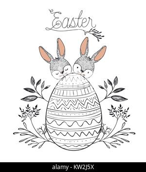 easter poster with two easter bunnies behind of easter egg with floral decoration in monochrome silhouette Stock Vector