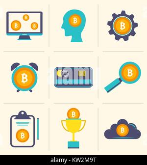 Bitcoin Digital Money, Cryptocurrency System and Mining Pool, Flat Design Icons Stock Vector