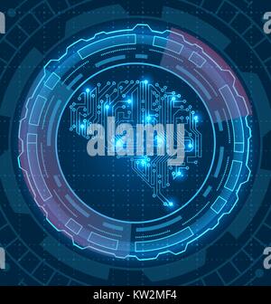 Brain is Composed Circuit Texture. Artificial Intelligence with Hud Stock Vector