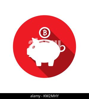 Flat Icons of Piggy Bank Concept with Bitcoin BTC, Bit-Coin , Long Shadow Style Stock Vector