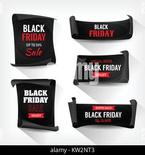 Illustration of a set of black friday sale signs, on parchment scrolls Stock Vector