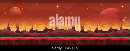 Illustration of a wide seamless cartoon funny sci-fi alien planet landscape background, with layers for parallax including weird mountains range, star Stock Vector
