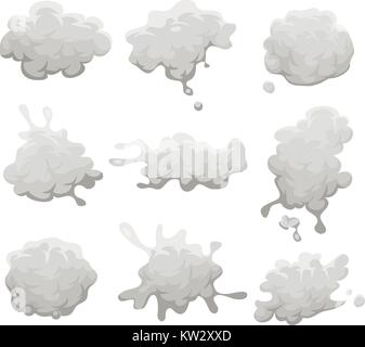 Illustration of a set of cartoon grey clouds, smoke, blast, splatter, explosion patterns and fog icons Stock Vector