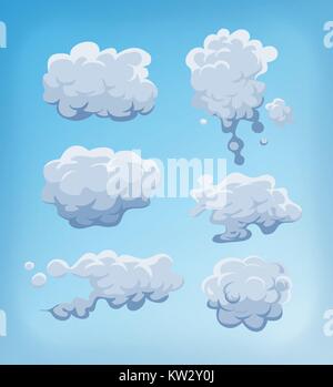 Illustration of a set of cartoon clouds, smoke patterns and fog icons on blue sky background Stock Vector