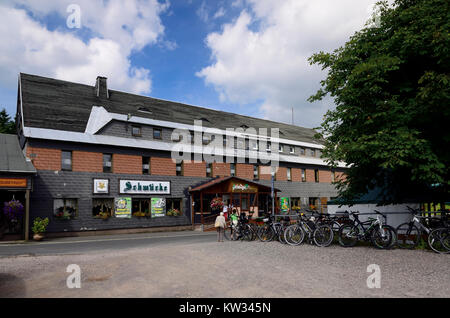 historical mountain inn Decorating in the racing steep path, Thuringian wood, historisches Berggasthaus Schmuecke am Rennsteig, Thueringer Wald Stock Photo