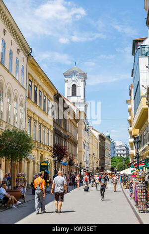 Street scene: Vaci ucta, the iconic, busy, popular pedestrianised main shopping street in Pest, Budapest, capital city of Hungary, central Europe