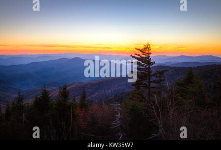 Beautiful Smoky Mountain Sunset Panorama. Sunset from Clingman's dome over the mountain range of the Great Smoky Mountains National Park in Gatlinburg Stock Photo