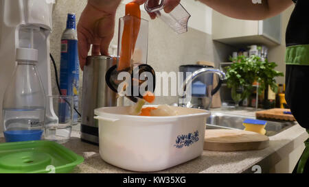 Closeup used vegetable chopper cookware on kitchen table. Stock Photo