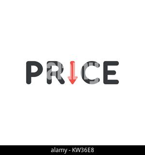 Flat design vector illustration concept of black price word with red arrow symbol icon moving down on white background. Stock Vector