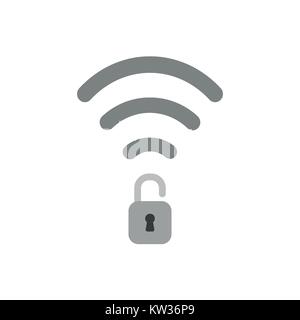 Flat design vector illustration concept of grey wifi wireless symbol icon with opened unlocked padlock on white background. Stock Vector