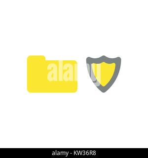 Flat design vector illustration concept of yellow closed folder with grey and yellow shield guard  symbol icon on white background. Stock Vector