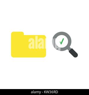 Flat design vector illustration concept of yellow closed folder and magnifying glass with green check mark symbol icon on white background. Stock Vector