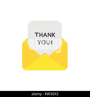 Flat design vector illustration concept of yellow open envelope mail or message symbol icon with thank you written on paper. Stock Vector