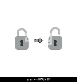 Flat design vector illustration concept of grey closed, locked padlock symbol icon opened, unlocked on white background. Stock Vector
