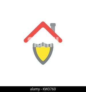 Flat design vector illustration concept of grey and yellow shield guard under red roof symbol icon on white background. Stock Vector