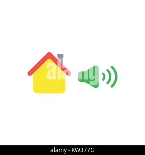 Flat design vector illustration concept of yellow house with green high speaker sound, loud voice symbol icon on white background. Stock Vector