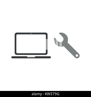 Flat design vector illustration concept of repair black laptop computer with grey spanner symbol icon on white background. Stock Vector