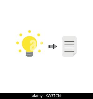 Flat design vector illustration concept of write ideas on paper, yellow glowing light bulb and written paper symbol icons on white background. Stock Vector