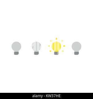 Flat design vector illustration concept of four light bulb symbol icons and one of them turn on and glowing on white background. Stock Vector