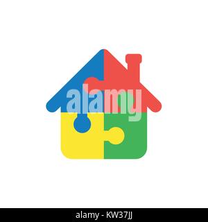 Flat design vector illustration concept of house shape blue, red, yellow and green puzzle pieces symbol icons connected on white background. Stock Vector