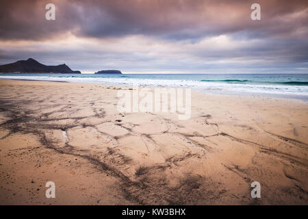 Sandy beach landscape in early morning. Porto Santo island, Madeira archipelago, Portugal Stock Photo