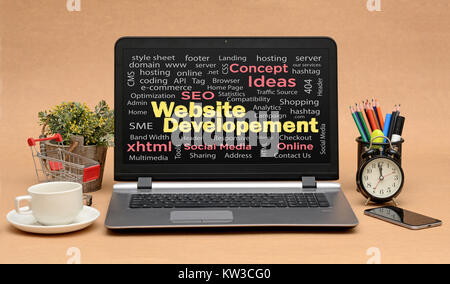 Website Development Words Collage in Laptop screen. Stock Photo