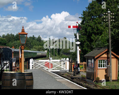 The level crossing at Staverton Station on the South Devon heritage railway Stock Photo