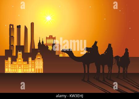 Three Kings: Melchior,Caspar,Balthazar ride camels to Madrid city vector illustration. Cibeles palace, Cuatro torres skyscrapers, Gran Via landmarks a Stock Vector