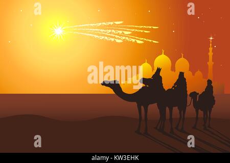 Three Kings: Melchior,Caspar,Balthazar follow the comet from orient vector illustration. Reyes Magos de Oriente holiday camel ride. Stock Vector
