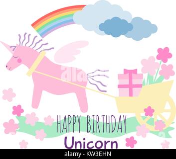 Pink winged unicorn horse with violet mane and tail pulls a cart with a birthday gift box and flowers. Happy Birthday greeting card. Stock Vector