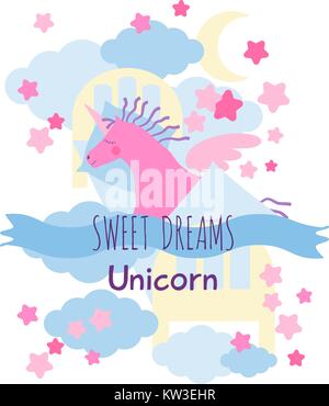 Pink winged unicorn horse with violet mane and tail sleeps in the sky bed on the clouds . Sweet dreams greeting card. Stock Vector