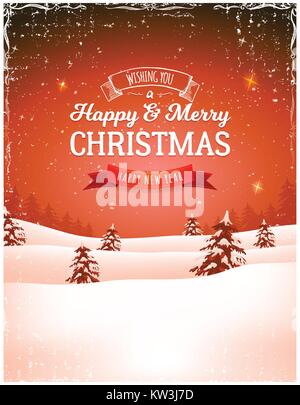 Illustration of a retro red christmas landscape background, with firs, snow and elegant banners for winter and new year holidays Stock Vector