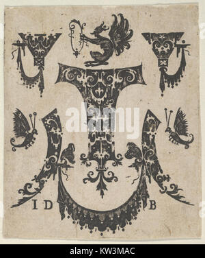 Blackwork Print with Five Ornament Motifs, a Pair of Butterflies and a Grotesque MET DP837333 Stock Photo