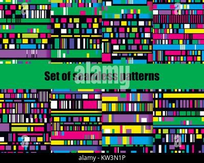 Glitch seamless patterns. Signal error, pixel mosaic. Computer screen error. Vector illustration Stock Vector