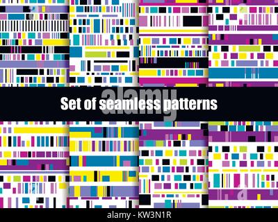 Glitch seamless patterns. Signal error, pixel mosaic. Computer screen error. Vector illustration Stock Vector
