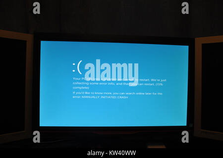 The 'Bluescreen' refers to the system error screen on Windows 8 that appears when a computer encounters a critical error or malfunction. It is also known as the 'Blue Screen of Death' and is used to indicate a system crash. Stock Photo