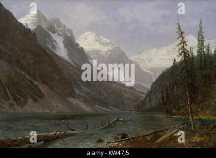 Albert Bierstadt’s painting of Lake Louise in the Canadian Rockies captures the majestic landscape of this iconic Canadian location. Known for its dramatic representation of nature, Bierstadt’s work is a landmark in American landscape painting. Stock Photo