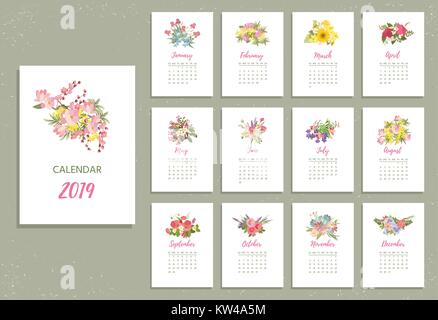 Printable 2019 Calendar with pretty colorful flowers Stock Vector