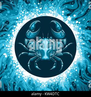 Crab in Water. Zodiac symbol Cancer on water background. Vector illustration. Stock Vector