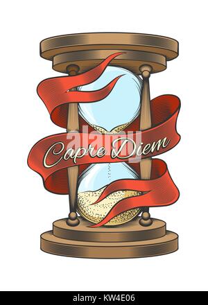 Hourglass with ribbon and wording Capre Diem means Seize the day. Colorful hand drawn vector illustration in engraving style isolated on white backgro Stock Vector