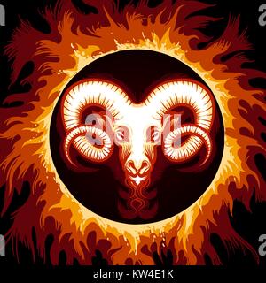 Ram head in Flame. Zodiac symbol Aries on fire background. Vector illustration. Stock Vector