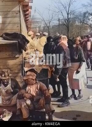 Hot lunches are served on the job by African-American vendors; Soups, beans, and coffee were their menu, with occasional corn bread and succotash; Emergency office space construction, Washington, DC, 1939. From the New York Public Library. Note: Image has been digitally colorized using a modern process. Colors may not be period-accurate. Stock Photo