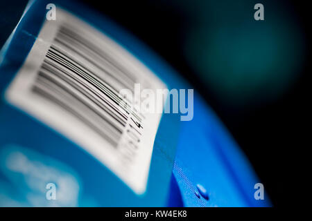 Barcode numbers on a blue product Stock Photo