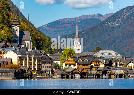 Lake Hallstatt, Upper Austria district, Salzkammergut, part of the Alps, Hallstatt village, Stock Photo