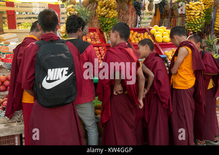 India. Bihar. Bodhgaya, the town where the Buddha sat under a sacred fig tree (bhodi tree) and received enlightenment. Young Buddhist monks buy fruit. Stock Photo