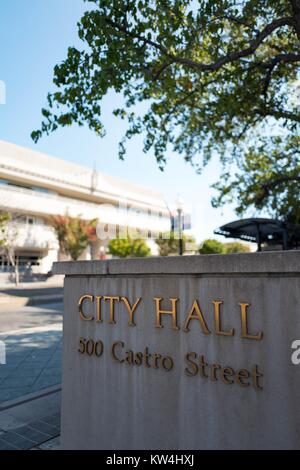 Signage for City Hall on Castro Street in the Silicon Valley town of Mountain View, California, August 24, 2016. Stock Photo