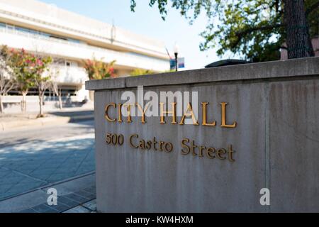 Signage for City Hall on Castro Street in the Silicon Valley town of Mountain View, California, August 24, 2016. Stock Photo