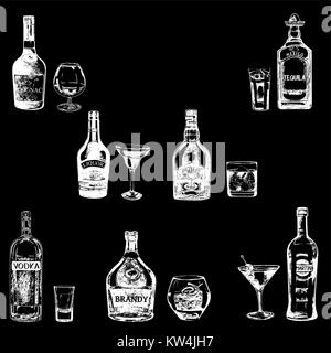 Set of sketch style hand drawn bottles of alcohol and drinks. Vector illustration isolated on black background. Stock Vector