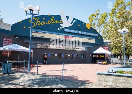 Ticket office at the Shoreline Amphitheatre, a popular concert venue in the Silicon Valley town of Mountain View, California, with marquee indicating upcoming concerts by acts including Heart, Def Leppard, REO Speedwagon, Neil Young, Metallica and Dave Matthews, Mountain View, California, August 24, 2016. Stock Photo