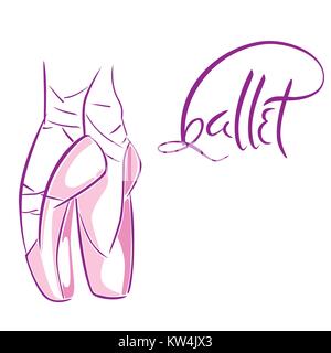 Hand drawn old style lettering of word Ballet. Vector illustration with ballet dancers legs wearing Pointes. Stock Vector